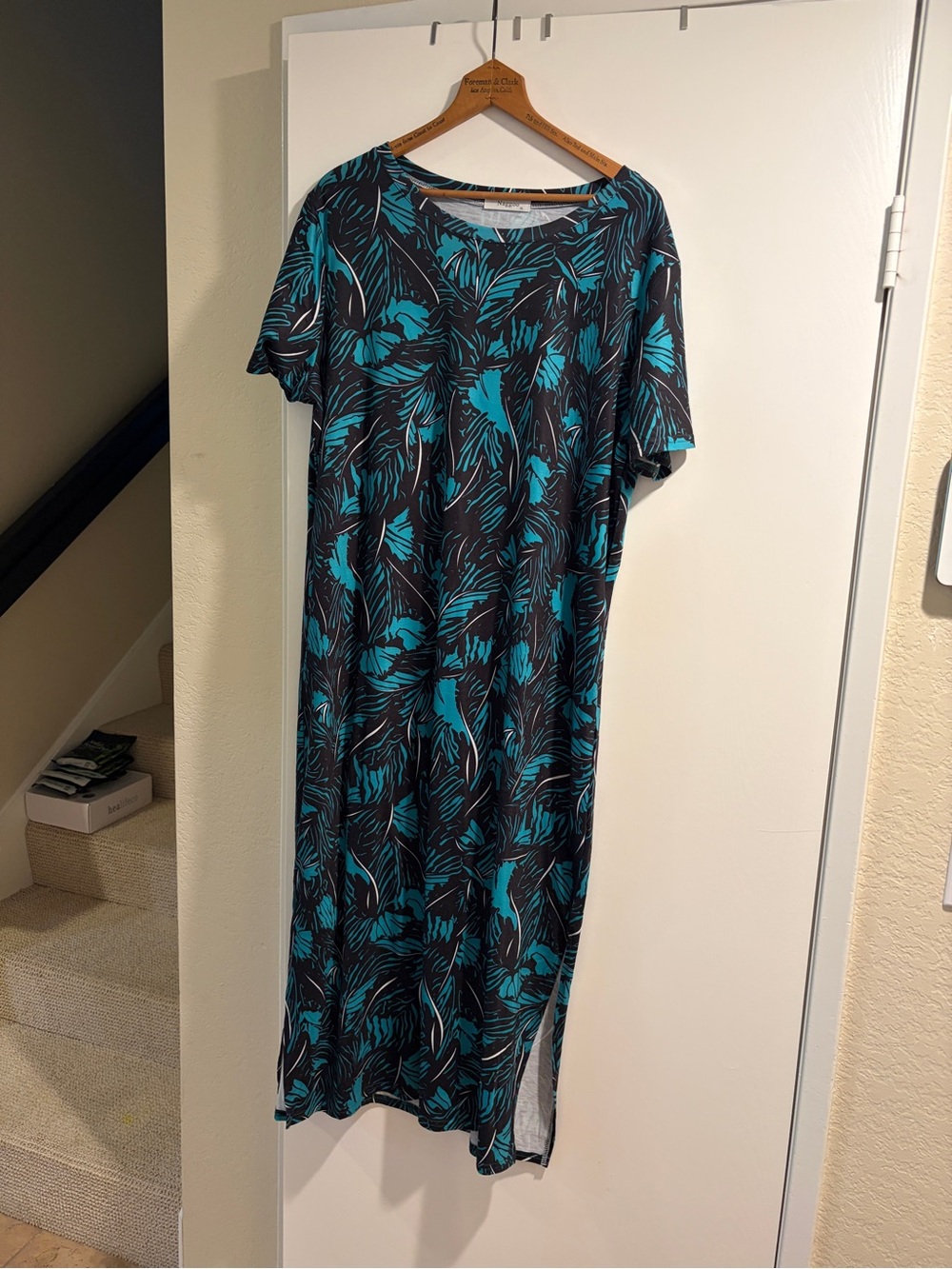 Midi Dress in Teal and Black Floral Print - Short Sleeve Pull-On